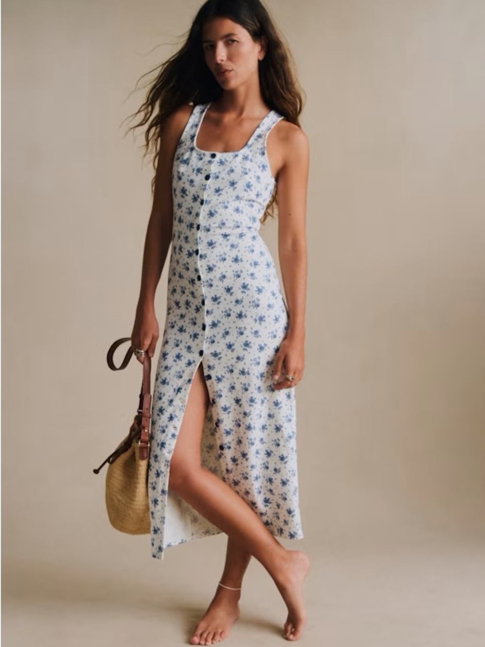 Sezane Fabiola White Midi Dress with Blue Floral Print
